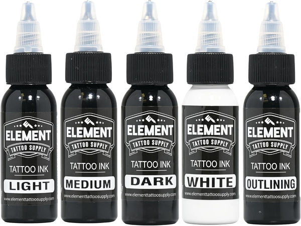 Greywash Tattoo Ink Set - Professional Tattooing, Light, Medium & Dark Shades, Includes Black & White Solid Inks for Outlining, Shading & Blending, 1 Oz Bottle (5 Pack)
