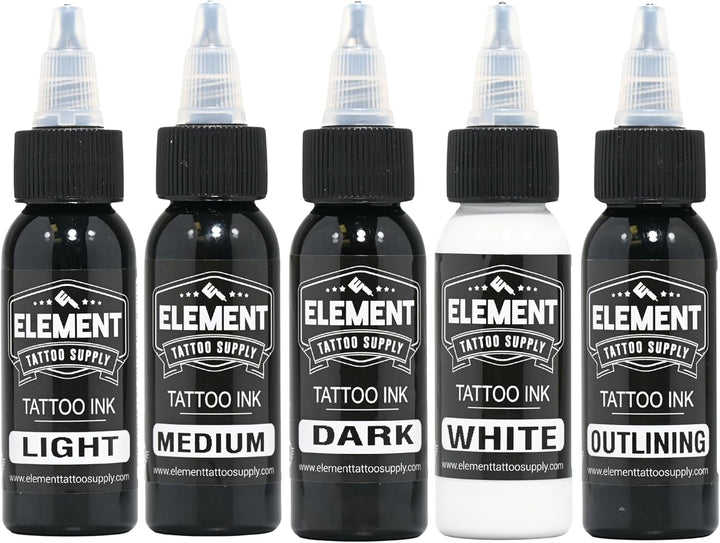 Greywash Tattoo Ink Set - Professional Tattooing, Light, Medium & Dark Shades, Includes Black & White Solid Inks for Outlining, Shading & Blending, 1 Oz Bottle (5 Pack)