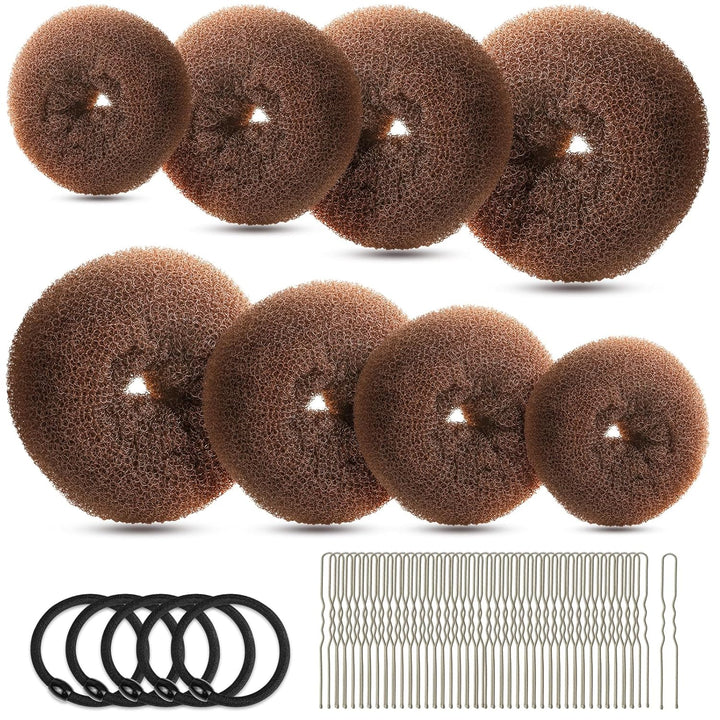 Hair Bun Maker Set, Donut Bun Maker Set with 4Pcs Dark Brown &4Pcs Beige(2 Extra-Large,2 Large,2 Medium and 2 Small), 5 Pieces Hair Elastic Bands, 40 Pieces Hair Bobby Pins (Brown and Gold)