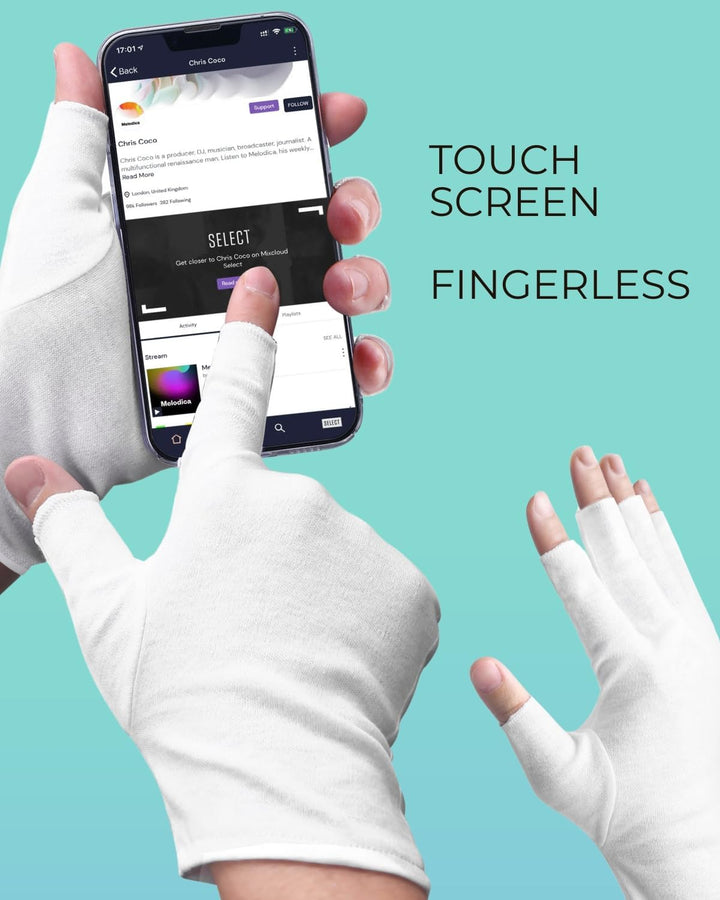 2 Pairs White Cotton Moisturizing Gloves – Fingerless Design with 5 Open Fingertips per Glove – 100% Cotton – Touchscreen-Friendly Night Gloves for Dry Hands