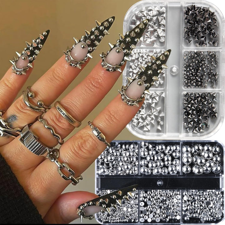 3D Mini Metal Punk Nail Art Studs Mixed Sizes Gold Black Cone Spikes Alloy Rivets Jewelry Steel Balls Jewels for Women Goth Manicure Charms Accessories DIY Crafts Decorations