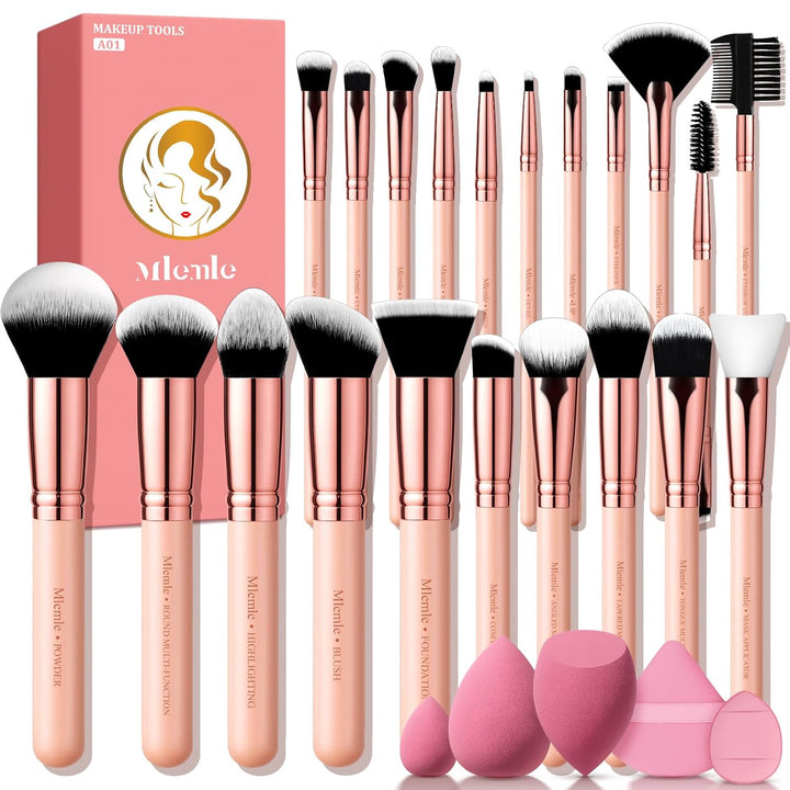 Makeup Brushes Set,  Professional 26 Pcs Makeup Kit, Include Powder Foundation Concealers Blush Eye Shadows 21 Pcs Makeup Brushes and 2 Powder Puff, 3 Makeup Sponge(A01-Pink)