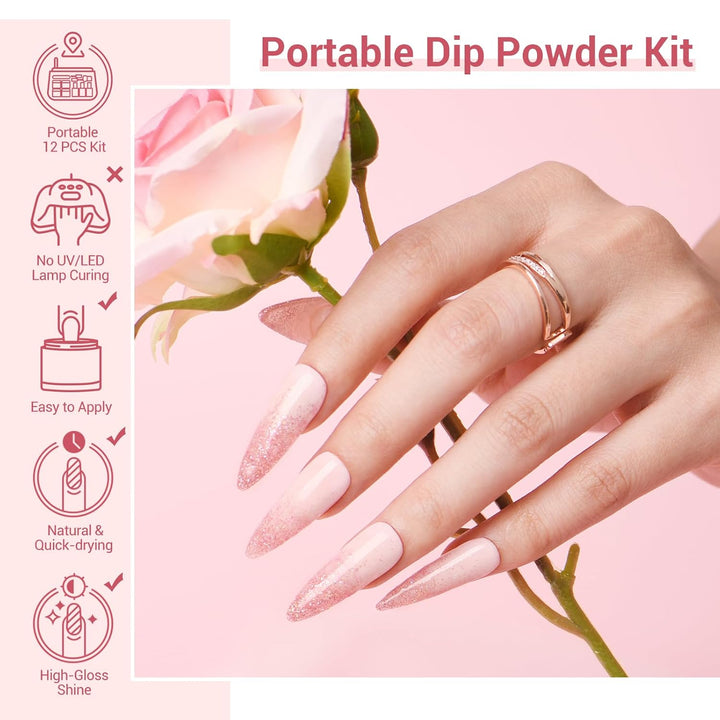 Dip Powder Nail Kit,4 Colors Nude Pink Glitter Hues,Starter Set for French Nails & All Seasons,Includes Base Coat, Top Coat, Activator & DIY Salon Liquids