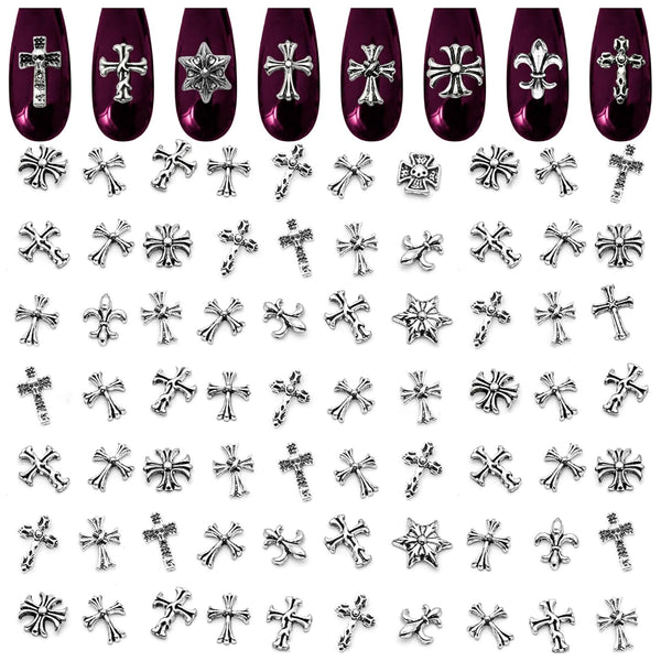 100 Pcs Halloween Nail Charms and Gems - Sturdy & Easy-To-Apply Decorations for DIY & Professional Use, Variety of 3D Acrylic Silver Cross Nail Charms | Halloween Nail Decor or Daily Manicure Designs