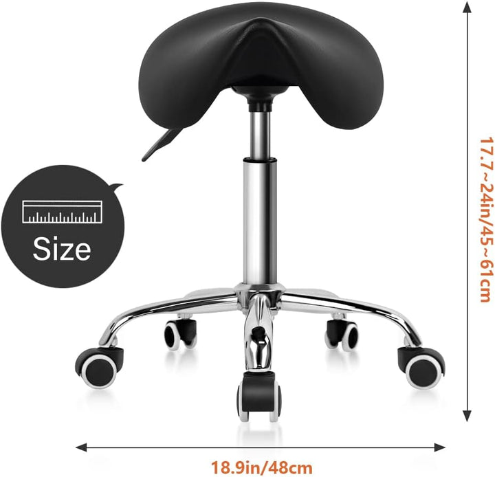 Rolling Saddle Stool PU Leather Swivel Adjustable Rolling Stool with Wheels Salon Chair Black