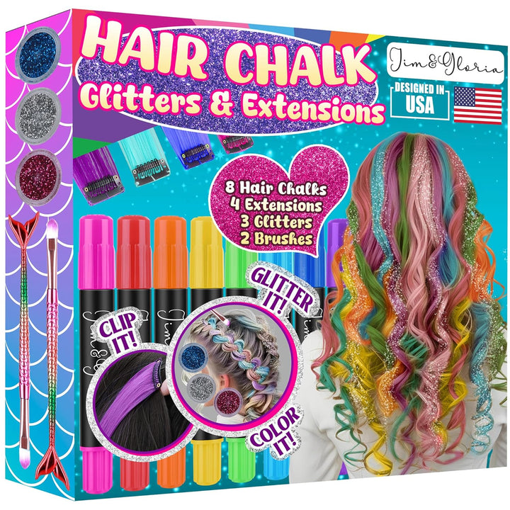 Dustless Hair Chalk for Girls Washable with Clip in Hair Extensions, Brushes and Glitters, Kids Temporary Color Dye, Gifts for Teen Girl Trendy Stuff, Teenage 7 8 9 10 11 12 13 14 Year Old