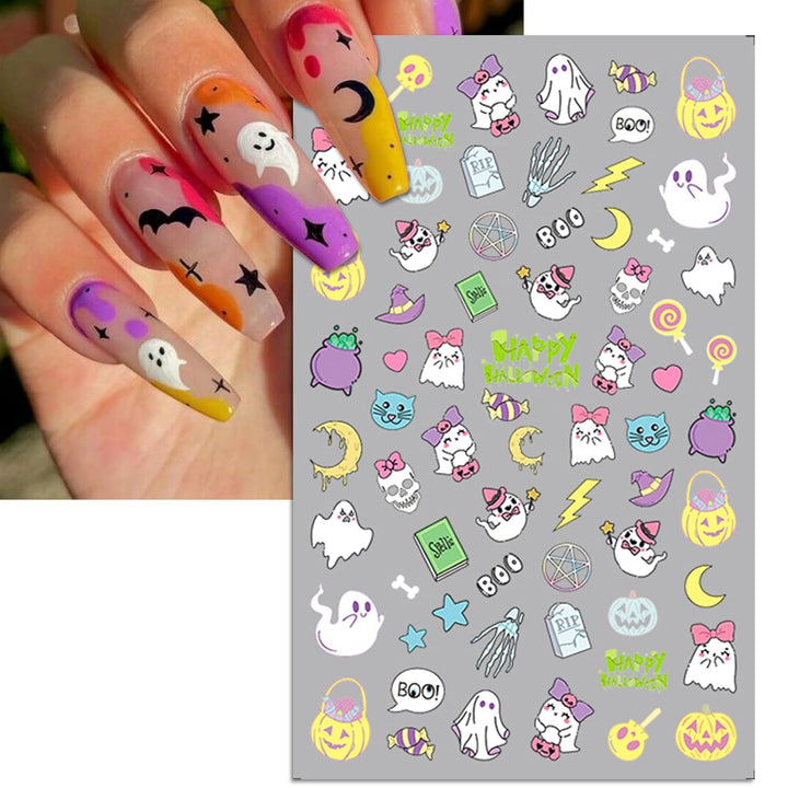 Halloween Nail Art Stickers, Gradient Pumpkin, Horror Mask Nail Decals, 3D Self-Adhesive Spider-Web Bat Design for DIY Nail Supplies Decoration (5 Sheets)