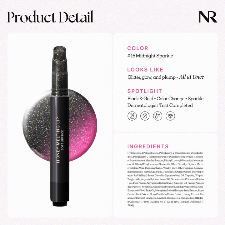 HONEY MELTING LIP GLITTER & PLUMPING (16 MIDNIGHT SPARKLE) SOFT LIP STICK Moisturizing Gloss, Volumizing Formula, Color Changing Sheer Tint, Shine Glimmer Finish, Korean Make Up