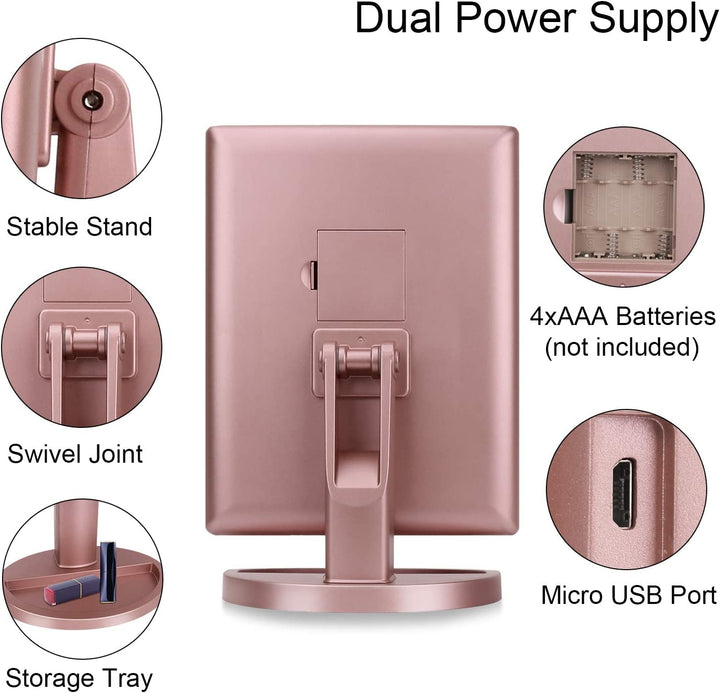 Dresser Mount Tri-Fold Lighted Vanity Mirror with 21 LED Lights, Touch Screen and 3X/2X/1X Magnification, Two Power Supply Modes Make up Mirror,Travel Mirror