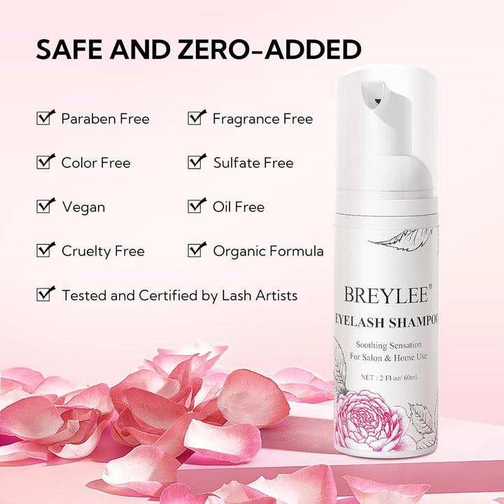 Shampoo for Lash Extensions, 60Ml+Rinse Bottle+Brushes, Eyelash Extension Cleanser, Lash Wash Bath, Lash Cleaner for Makeup Cleansing Foams, Paraben & Sulfate Free for Salon and Home Use