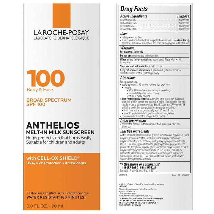 La Roche-Posay Anthelios Melt-In Milk Sunscreen SPF 100, Sunscreen for Body & Face, Broad Spectrum SPF + Antioxidants, Oil Free, for Sun Sensitive Skin, Oxybenzone Free