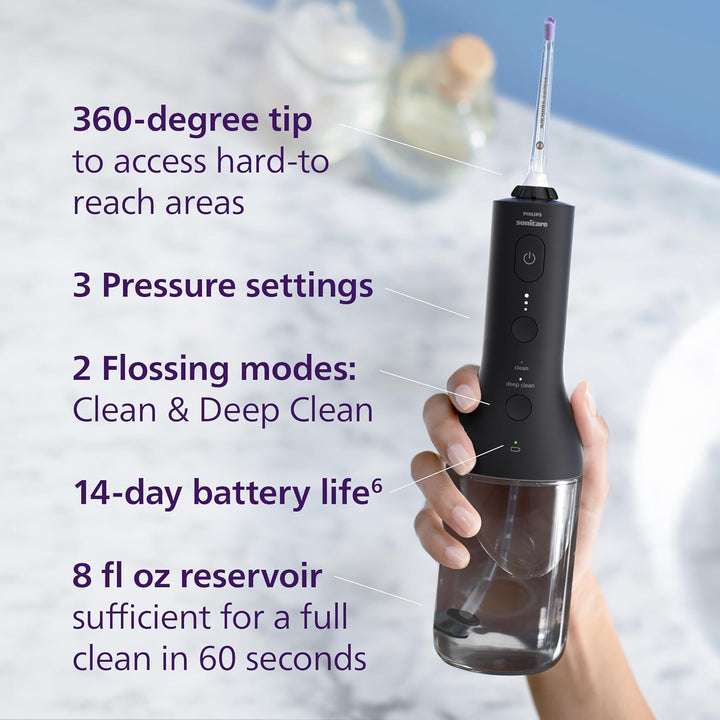 Cordless Power Flosser 3000 - Water Flosser with Innovative Quad Stream Technology, Oral Irrigator with 2 Flossing Modes and 3 Pressure Levels, IPX7 Waterproof, Black, HX3826/23