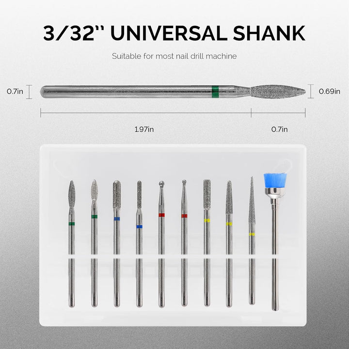 10Pcs Nail Drill Bits Set, 3/32 Inch Diamond Cuticle Nail Bits Kit for Nail Drill E-File, Manicure Pedicure Remover Tools for Acrylic Gel Nails, Salon Home Nail Care Supplies, Silver