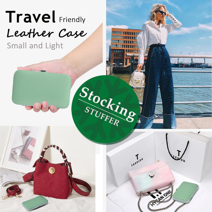 Manicure Set 10 in 1 Stainless Steel, Nail Clippers Scissors Pedicure Tools Kit - Portable Travel Grooming Kit for Men and Women with Leather Case (Jade Green)