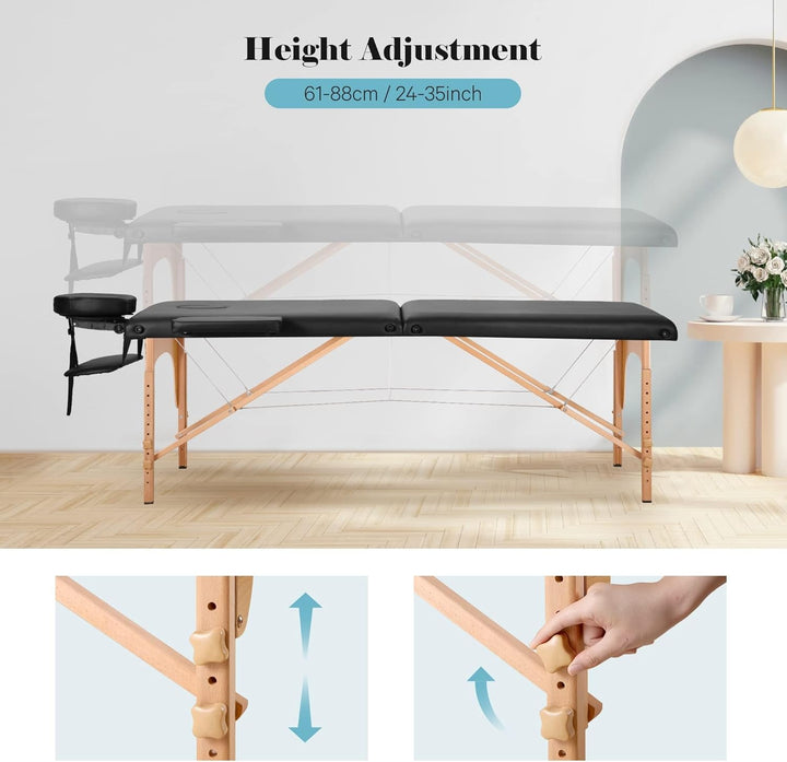 Massage Table Portable Lash Bed Wide Massage Bed Beauty Spa Tattoo Face Cradle Height 35Inch Adjustable 2 Fold for Gift with Bag Black