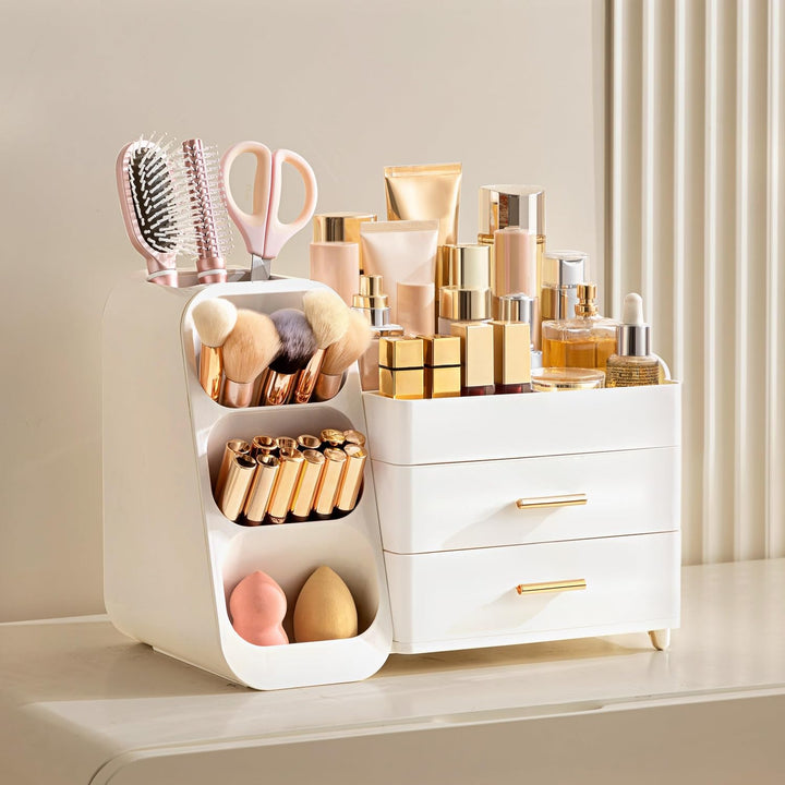 Makeup Organizer with Brush Holder for Vanity, Large Plastic Bathroom Countertop Organizer Skin Care Storage, Easy to Store Lipsticks, Nail Polishes, Perfumes, Eyeshadow Palettes, All White