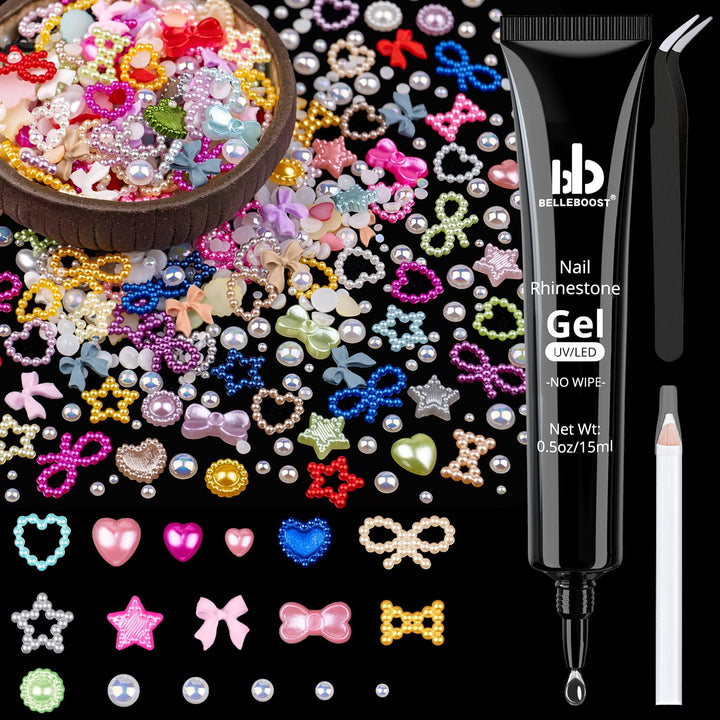 600Pcs 3D Multi Shapes Nail Charms and Flatback Pearls, White Mix Styles Heart Star Bow Sunflower Embellishments for Nail Art, Craft and Decoration with Glue Gel, Tweezer and Pickup Pencil