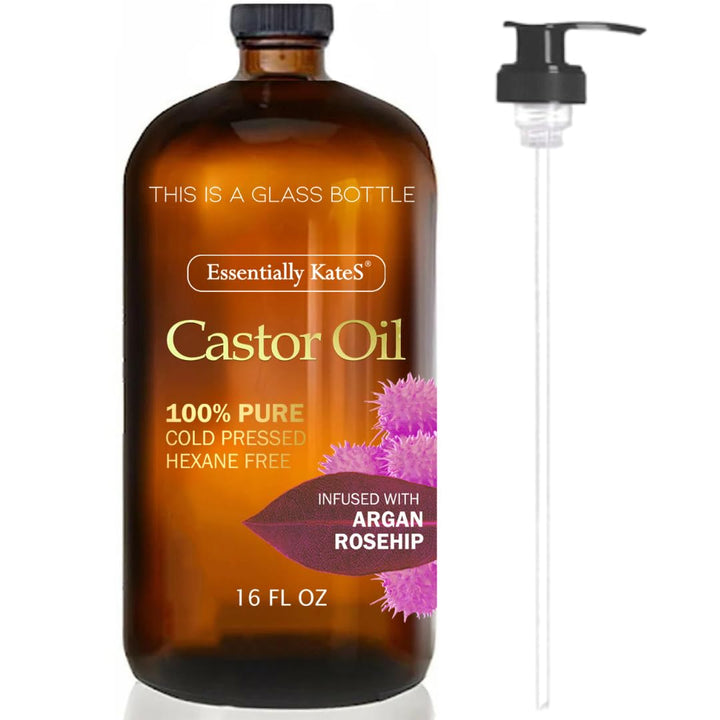 Castor Oil 16 Fl Oz (Glass Bottle) - Original - a Huge Glass Bottle with a Pump - 100% Pure and Natural, Cold Pressed, and Hexane-Free - Hair and Body