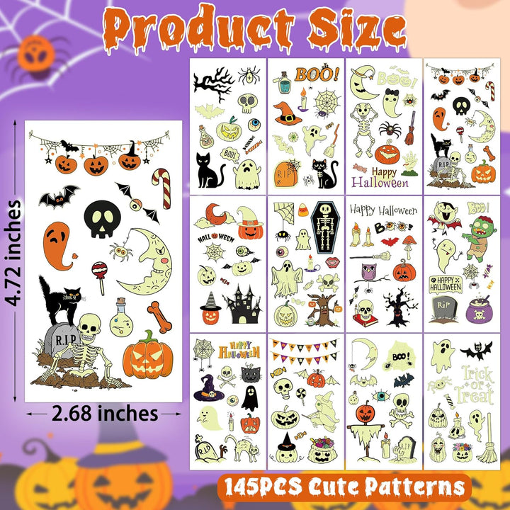 145 Styles Halloween Tattoos for Kids, 12PCS Halloween Luminous Tattoos, Glow in Dark Ghosts Pumpkin Fake Temporary Tattoos Stickers Bulk for Trick or Treat Party Decorations Accessories Supplies