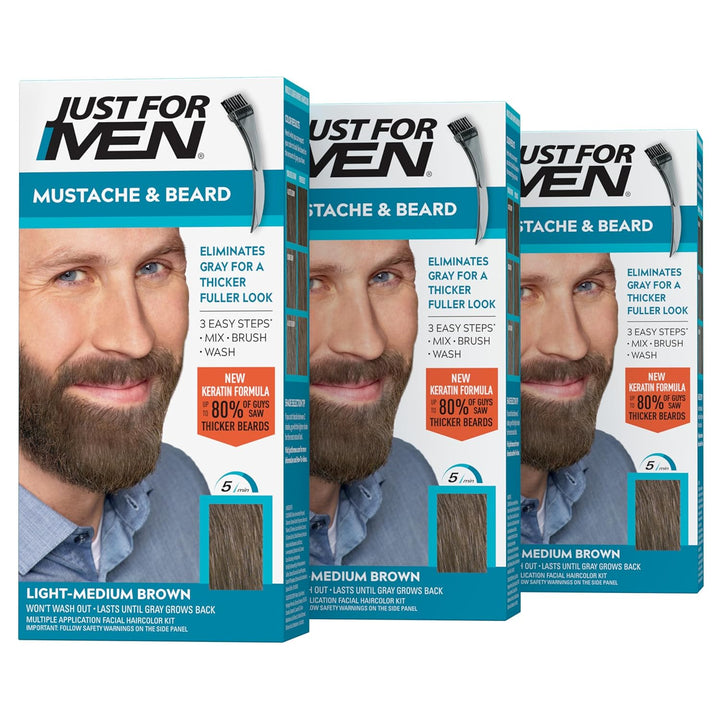 Mustache & Beard, Beard Coloring for Gray Hair with Brush, with Keratin Biotin Aloe and Coconut Oil for Healthy Facial Hair - Medium Brown, M-35, Pack of 1 (Packaging May Vary)