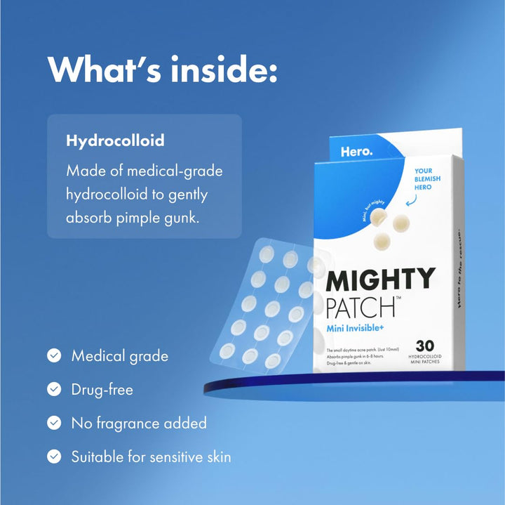 Mini Invisible+ Patches - X-Small Daytime Hydrocolloid Acne Pimple Patches for Covering Zits & Blemishes, Blends into Skin & Barely There (30 Count, 10Mm Patch)