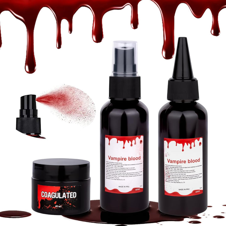 3PCS Halloween Fake Blood Makeup Kit 5.04Oz - 2.04Oz Fake Blood Spray, 2.04Oz Dripping Blood, 1.36Oz Coagulated Gel Blood, Realistic Washable Fake Blood Makeup for Zombie Vampire Clown Monster Cosplay