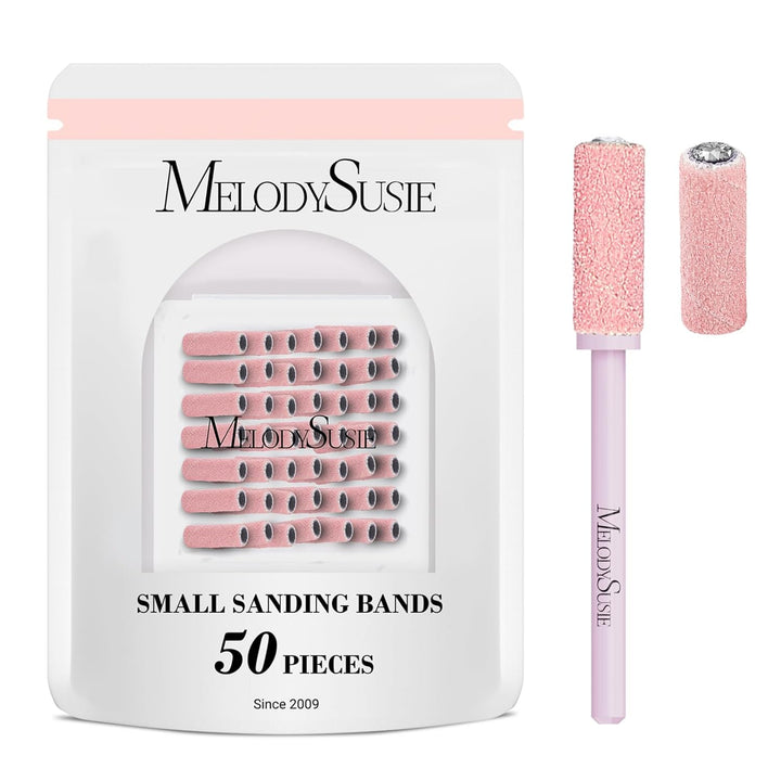 50 Pcs Nail Drill Bits Small Sanding Bands with 3.1Mm Mandrel Bit, 180 Fine Grit Nail File for Acrylic Nails Gel Manicures and Pedicure, Pink