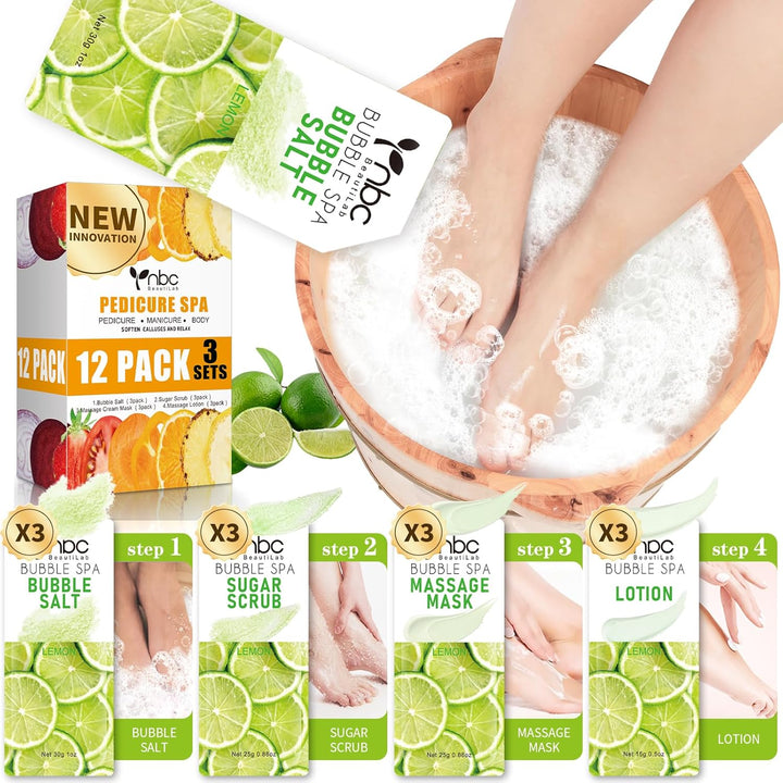 Pedicure Kit Foot Soak Set: Bubble Salt, Sugar Scrub, Massage Mask, Massage Lotion in a Box, 4 Step Foot Spa Kit for Dry Feet,Tired Feet（1 Set Lavender)