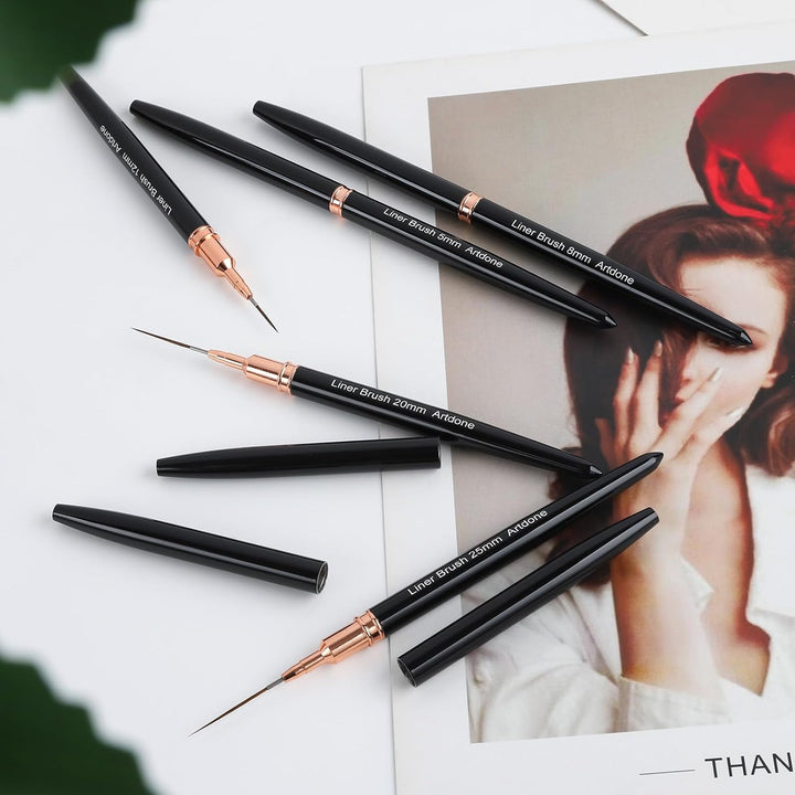 Metallic Nail Art Pens, Liner Brushes Set, 5PCS Black Color Nail Tools for Long Lines, Thin Details, Fine Drawing, Liner Brush UV Gel Polish Painting Nail Design Sizes 5/8/12/20/25Mm