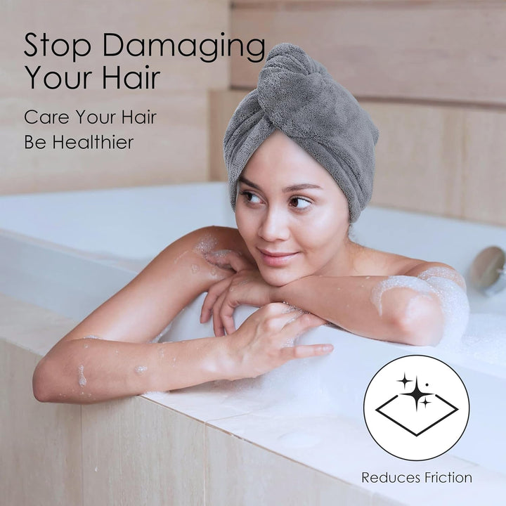 5 Pack Thicken Microfiber Hair Towel Wrap for Women - Elastic Loop Design - 320GSM Coral Velvet - Quick Dry Hair Turban - 11X28 Inch (Grey+Pink+Brown+Frozenblue+Frozenberry)