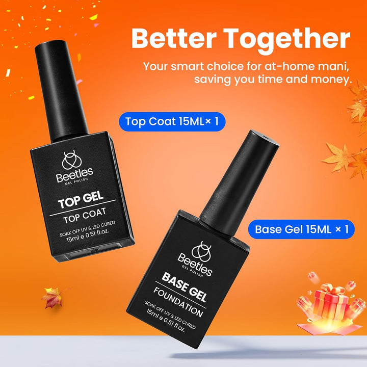Beetles No Wipe Gel Top Coat and Base Coat Set for Gel Polish - 2Pcs 15Ml Super Shiny and Long Lasting Soak off UV/LED Lamp Needed, Halloween Nail Art Design Gift