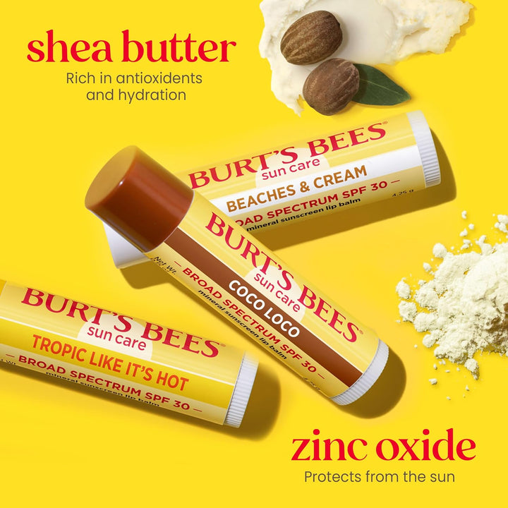 Burt’S Bees SPF 30 Lip Balm, Island Getaway - Coco Loco, Beaches & Cream, Tropic like It'S Hot, Water-Resistant Sun Care, Natural Origin Lip Treatment, 3 Tubes, 0.15 Oz