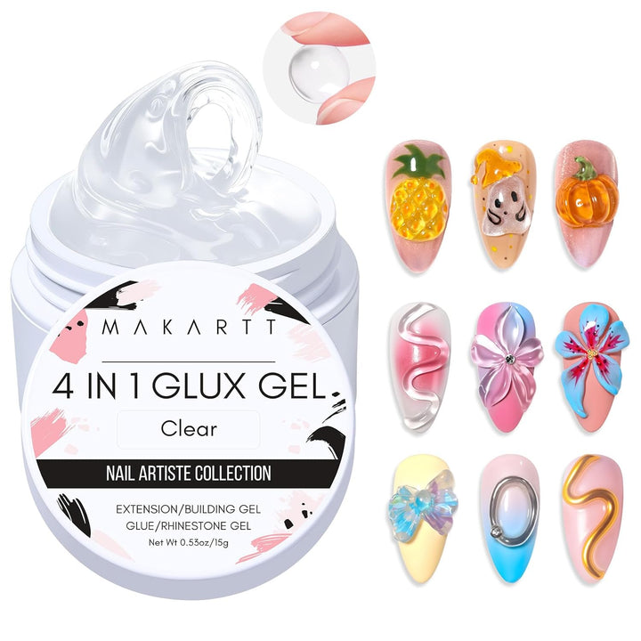 3D Gel Nail Art: Clear Solid Builder Nail Gel 4 in 1 Non-Sticky for Extension UV Glue for Acrylic Nails Rhinestones 3D Sculpting Hard Gels UV/LED Lamp Required 15Ml