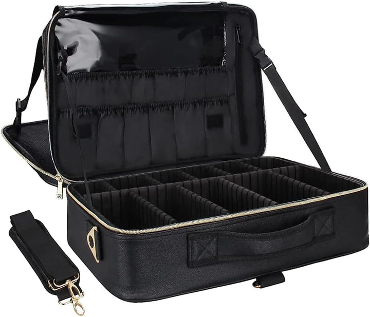 Travel Makeup Train Case Makeup Cosmetic Case Organizer Portable Artist Storage Bag with Adjustable Dividers for Cosmetics Makeup Brushes Toiletry Jewelry Digital Accessories Black
