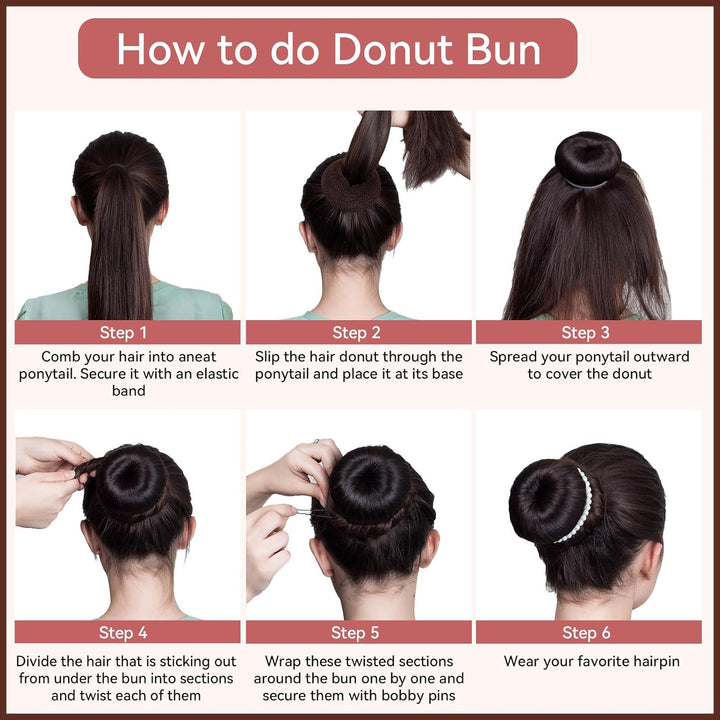 Hair Bun Maker Kit, Donut Bun Maker 4 Pieces (Large, Medium and Small), 6 Pieces Elastic Hair Ties, 20 Pieces Hair Bobby Pins, Brown