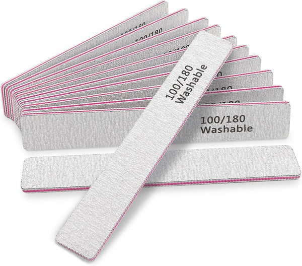Nail File 12 PCS Professional Reusable 100/180 Grit Double Sides Washable Nail File Manicure Tools for Poly Nail Extension Gel and Acrylic Nails Tools Suit for Home Salon