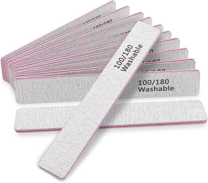 Nail File 12 PCS Professional Reusable 100/180 Grit Double Sides Washable Nail File Manicure Tools for Poly Nail Extension Gel and Acrylic Nails Tools Suit for Home Salon