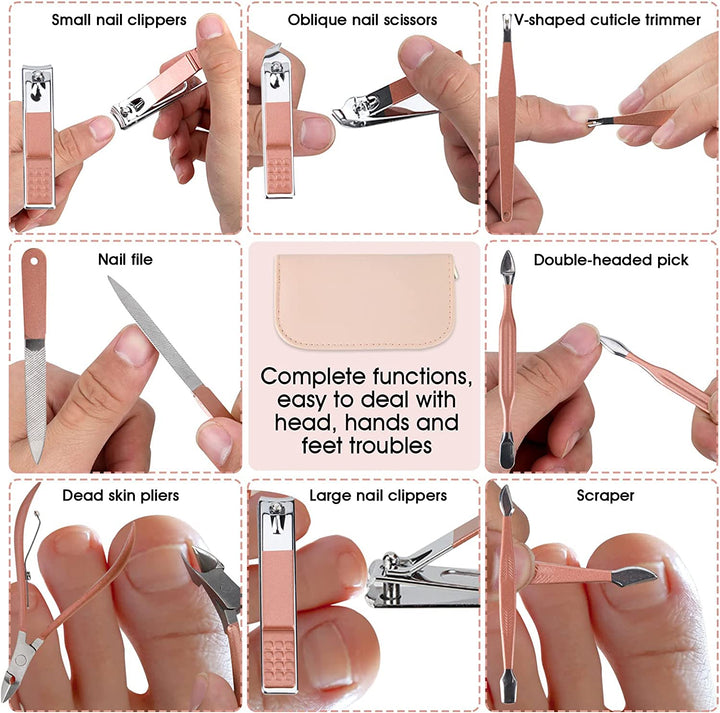 Nail Clippers and Beauty Tool Portable Set Manicure Set 12 in 1, with Pink Leather Bag, Suitable for Home, Workplace, Outdoor Travel, Gift Giving, Salon