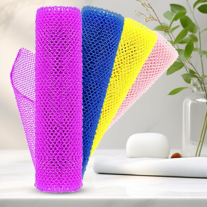 4 Pieces African Net Sponge – Premium African Net Sponge for Deep Exfoliation Quick-Dry and Reusable Mesh for Smooth Skin（Yellow Pink Purple Blue）