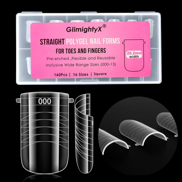 Straight Flat Polygel Nail Forms for Finger and Toes, Pre-Etched No File Dual Forms Molds for Large Wider Normal Petite Finger &Toe Nail Beds,16 Sizes 000 to 13