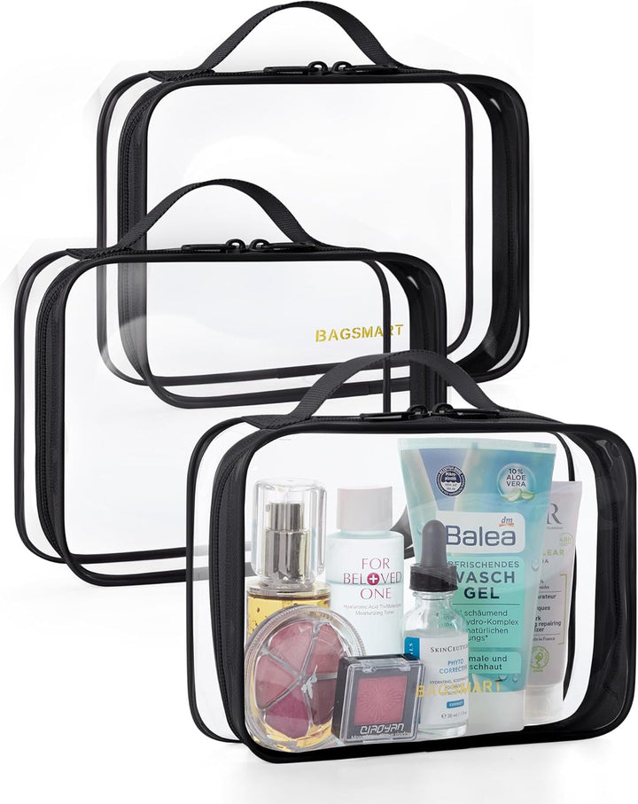 Clear Toiletry Bag, 2 Pack TSA Approved Travel Toiletry Bag Carry on Travel Accessories Bag Airport Airline Quart Size Bags Water Repellent Makeup Cosmetic Bag for Women (Black-2Pcs)