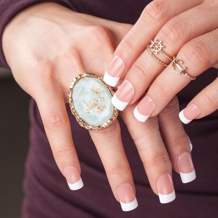 Salon Acrylic Press on Nails, Nail Glue Included, 'Sugar Rush', French, Medium Size, Square Shape, Includes 28 Nails, 2G Glue, 1 Manicure Stick, 1 Mini File