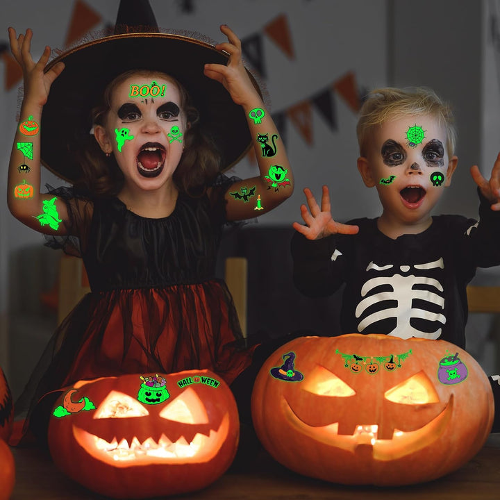 145 Styles Halloween Tattoos for Kids, 12PCS Halloween Luminous Tattoos, Glow in Dark Ghosts Pumpkin Fake Temporary Tattoos Stickers Bulk for Trick or Treat Party Decorations Accessories Supplies