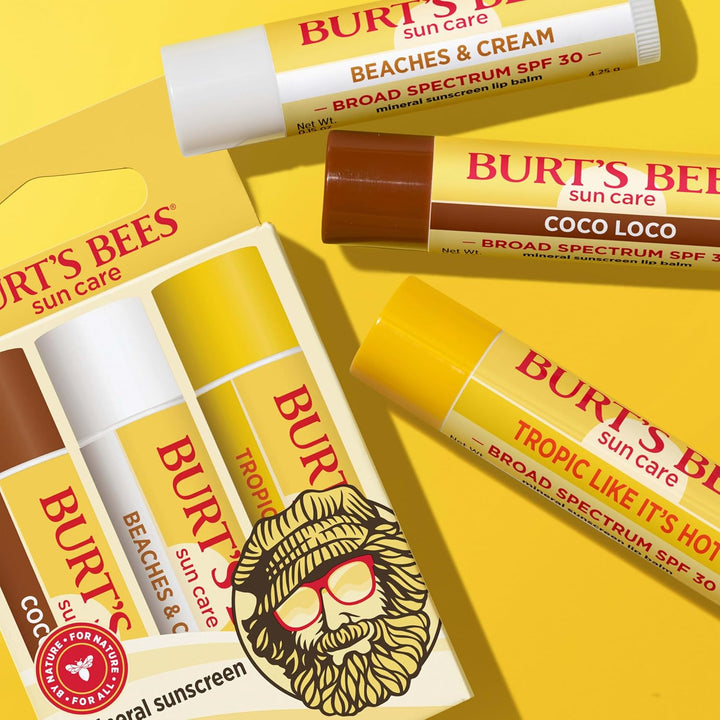 Burt’S Bees SPF 30 Lip Balm, Island Getaway - Coco Loco, Beaches & Cream, Tropic like It'S Hot, Water-Resistant Sun Care, Natural Origin Lip Treatment, 3 Tubes, 0.15 Oz