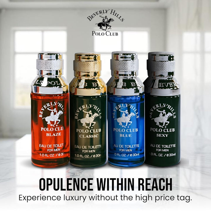 Exclusive Fragrance Collection for Men with 4 Different Fragrances, Blaze, Blue, Classic, and Sexy, 1Fl Oz Each (Pakaging May Vary)