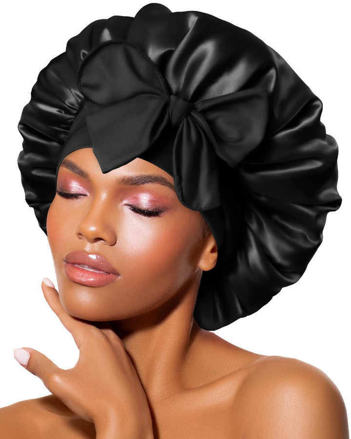 Silk Bonnet for Sleeping Women Satin Bonnet Night Sleep Cap Hair Wrap for All Hair with Adjustable Tie Band,Black