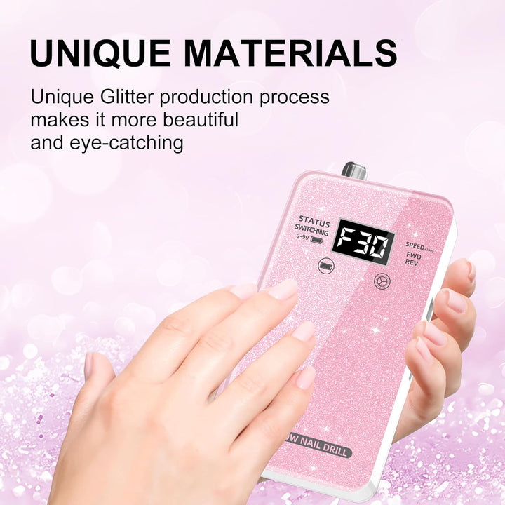 Professional Electric Nail Drill File: Glitter Portable Cordless E-File Nail Drill Kit with 11 Drill Bits,30000 RPM Rechargeable Nail Drills Machine for Acrylic Nails Gel Polishing (Pink)