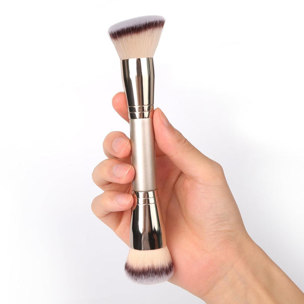 Dual-Ended Foundation Brush: round & Angled Pro-Grade Makeup Brushes, 100% Vegan Synthetic Makeup Brush for Flawless Blending and Application of Liquid, Powder, Cream, Blush