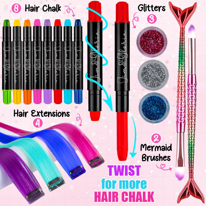 Dustless Hair Chalk for Girls Washable with Clip in Hair Extensions, Brushes and Glitters, Kids Temporary Color Dye, Gifts for Teen Girl Trendy Stuff, Teenage 7 8 9 10 11 12 13 14 Year Old