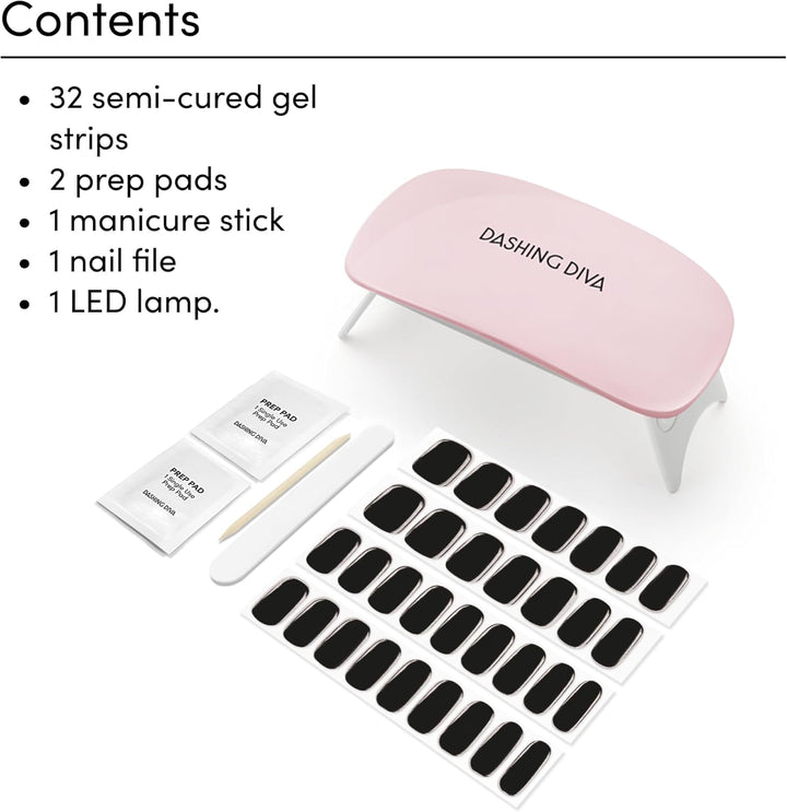 Glaze Nail Starter Kit - Real Black - Long Lasting, Chip Resistant, Semi-Cured Gel Nail Strips - 7-Piece Manicure Set with 32 Strips and Mini LED Lamp